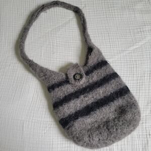 Handmade Felted Wool Purse Gray Striped Bag Button Closure Quirky Y2K Scene